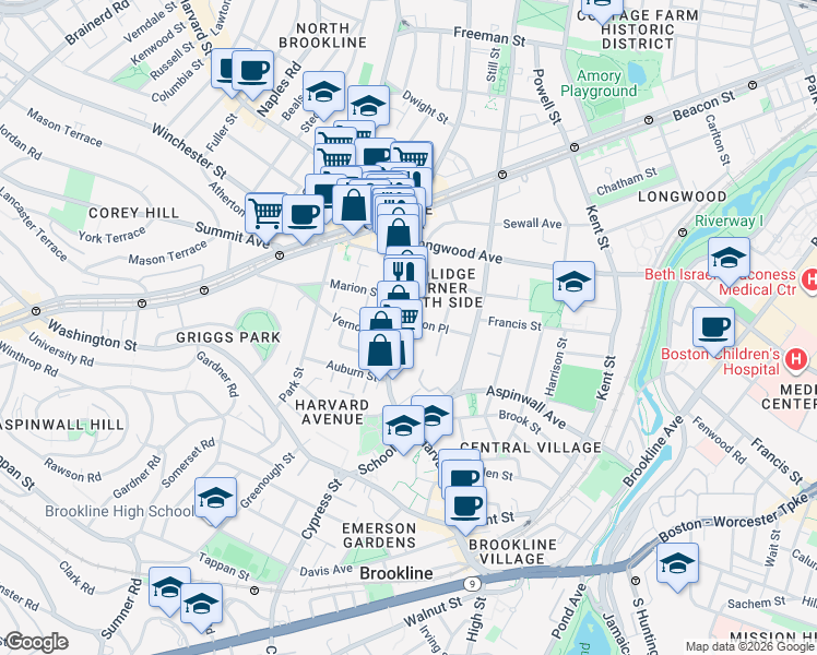 map of restaurants, bars, coffee shops, grocery stores, and more near 181 Harvard Street in Brookline