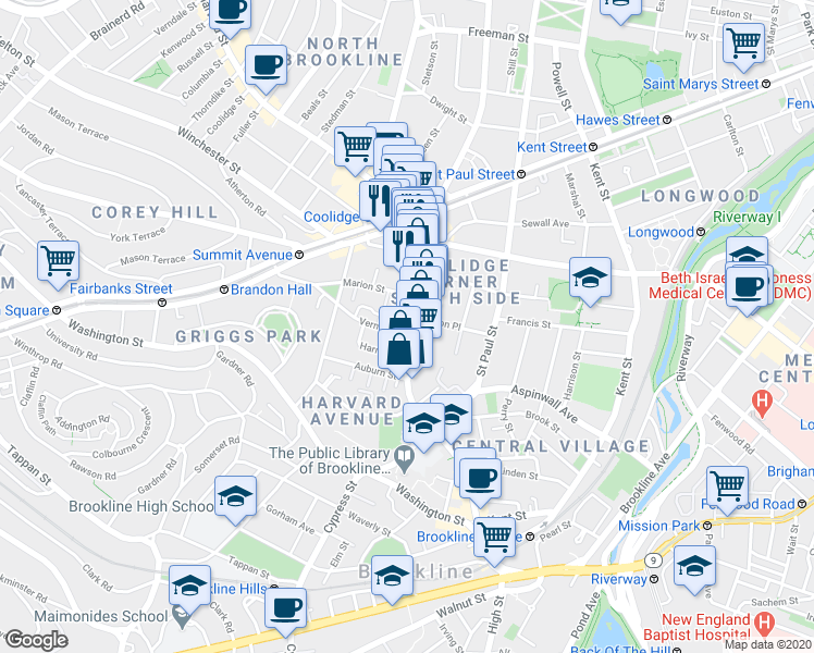 map of restaurants, bars, coffee shops, grocery stores, and more near 181 Harvard Street in Brookline