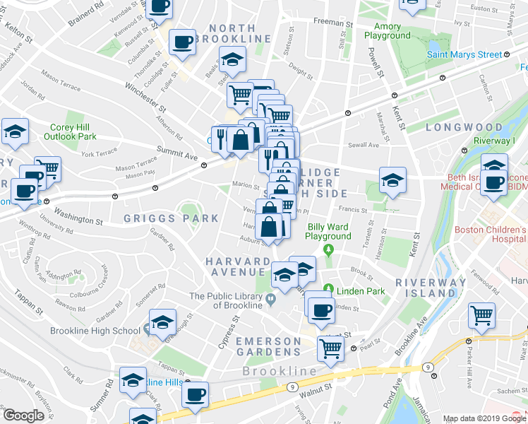 map of restaurants, bars, coffee shops, grocery stores, and more near 27 Vernon Street in Brookline