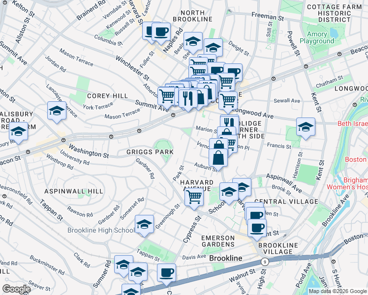 map of restaurants, bars, coffee shops, grocery stores, and more near 5 Griggs Terrace in Brookline
