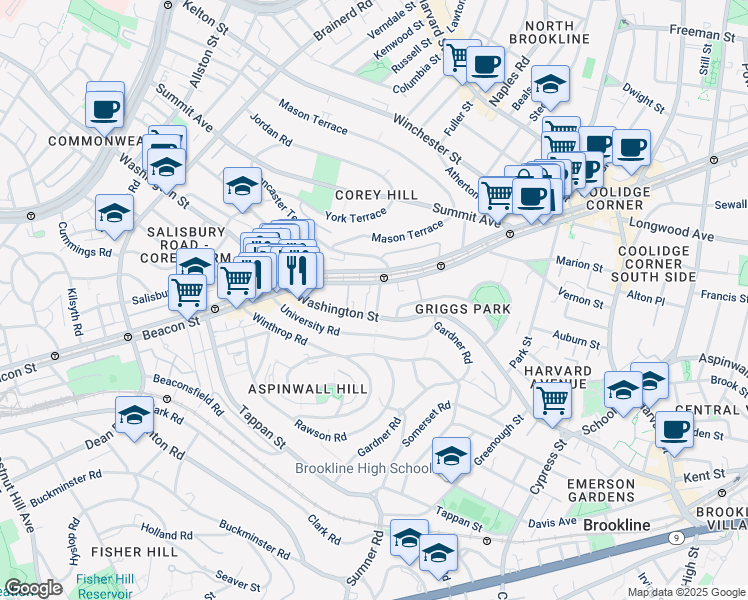 map of restaurants, bars, coffee shops, grocery stores, and more near in Brookline