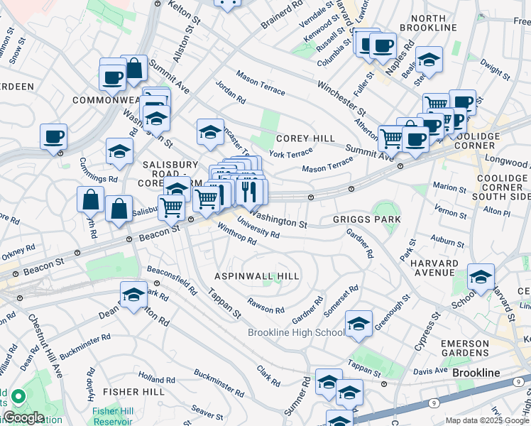 map of restaurants, bars, coffee shops, grocery stores, and more near 714 Washington Street in Brookline