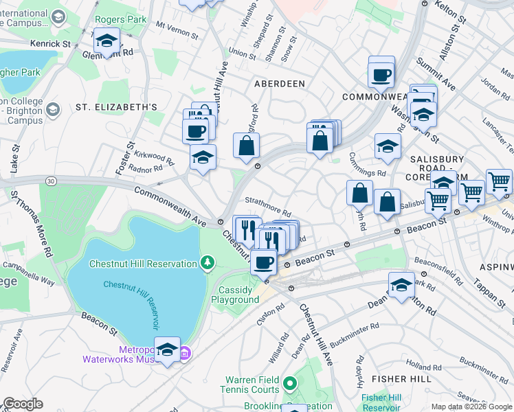 map of restaurants, bars, coffee shops, grocery stores, and more near 104 Strathmore Road in Boston