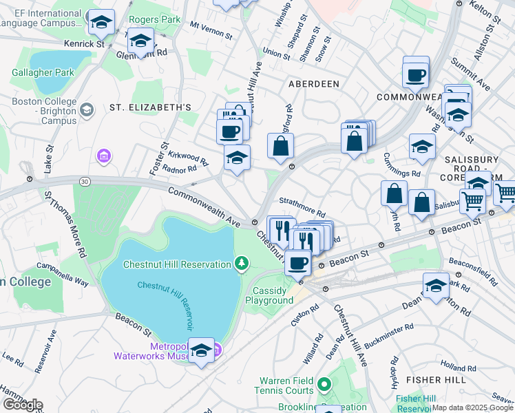 map of restaurants, bars, coffee shops, grocery stores, and more near 1848 Commonwealth Avenue in Boston