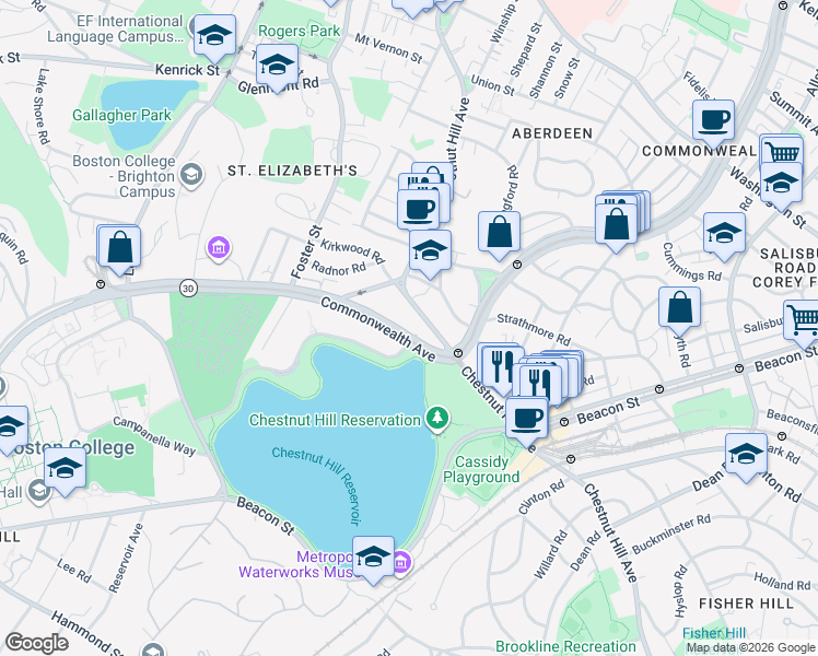 map of restaurants, bars, coffee shops, grocery stores, and more near 1931 Commonwealth Avenue in Boston