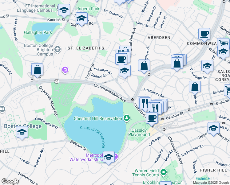 map of restaurants, bars, coffee shops, grocery stores, and more near 1931 Commonwealth Avenue in Boston