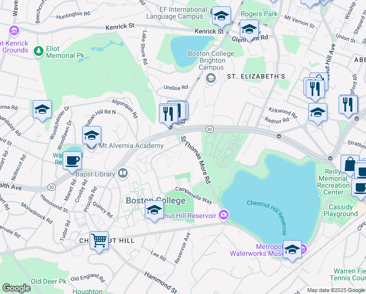 map of restaurants, bars, coffee shops, grocery stores, and more near 110 St Thomas More Rd in Boston