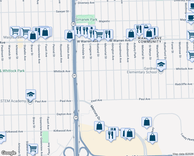 map of restaurants, bars, coffee shops, grocery stores, and more near 6499 Rutland Street in Detroit