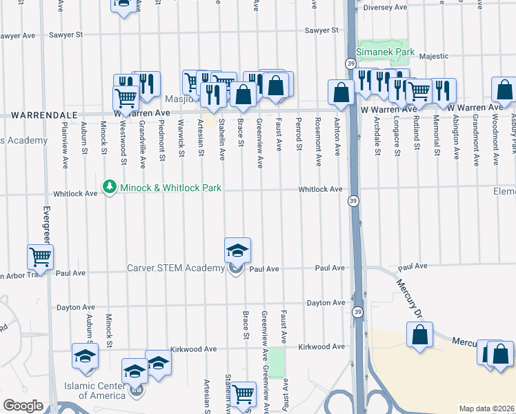 map of restaurants, bars, coffee shops, grocery stores, and more near 6506 Greenview Avenue in Detroit