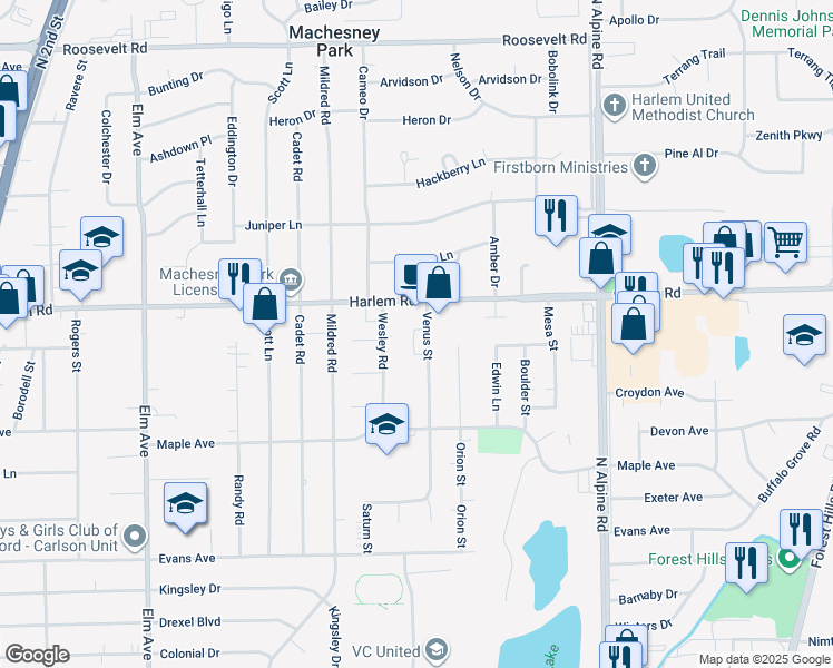 map of restaurants, bars, coffee shops, grocery stores, and more near 7914 Venus Street in Loves Park