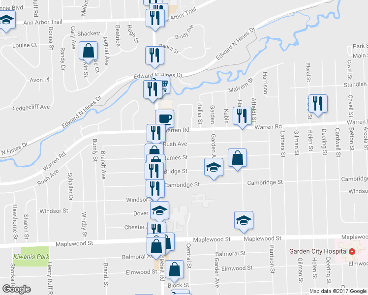 map of restaurants, bars, coffee shops, grocery stores, and more near 29119 Rush Street in Garden City