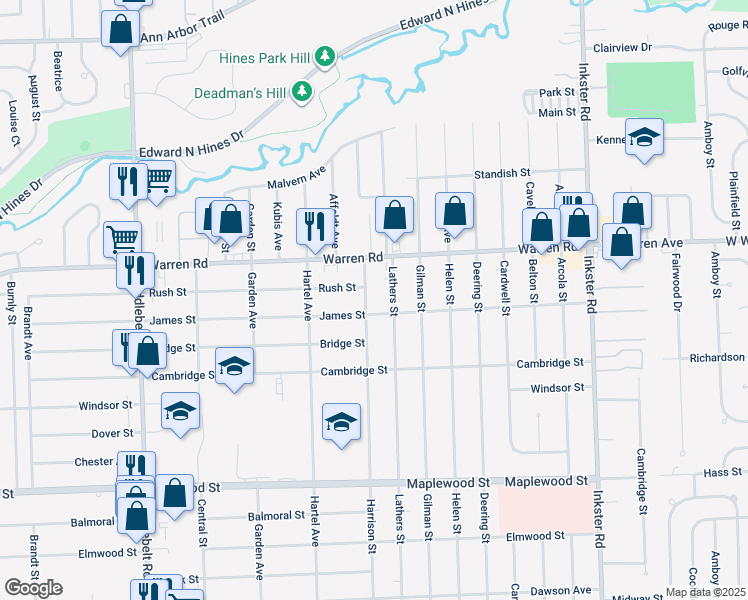 map of restaurants, bars, coffee shops, grocery stores, and more near 7040 Harrison Street in Garden City