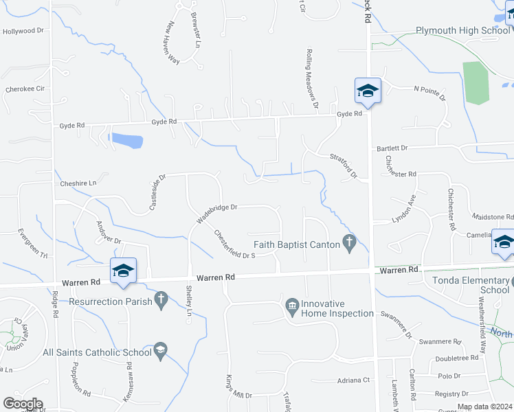 map of restaurants, bars, coffee shops, grocery stores, and more near 48105 Wadebridge Drive in Canton