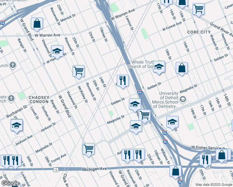 map of restaurants, bars, coffee shops, grocery stores, and more near 3957 23rd St in Detroit