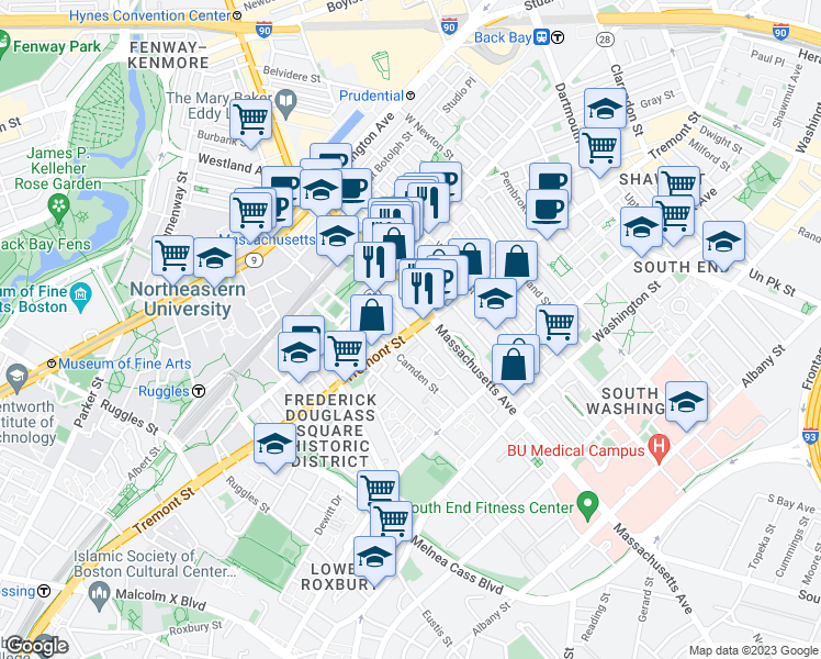 map of restaurants, bars, coffee shops, grocery stores, and more near Tremont St & Northampton St in Boston