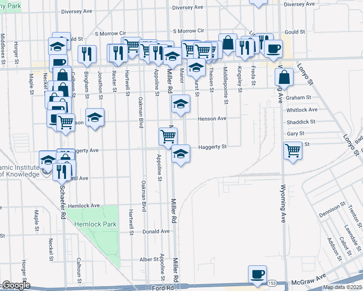 map of restaurants, bars, coffee shops, grocery stores, and more near 6509 Manor in Dearborn