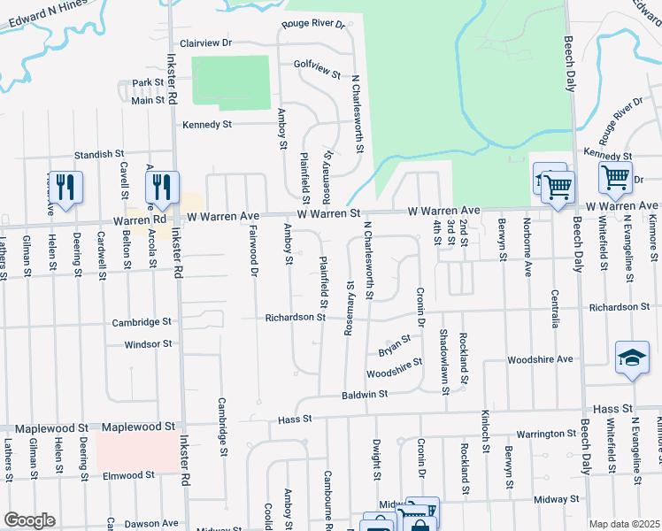 map of restaurants, bars, coffee shops, grocery stores, and more near 6951 Rosemary Street in Dearborn Heights