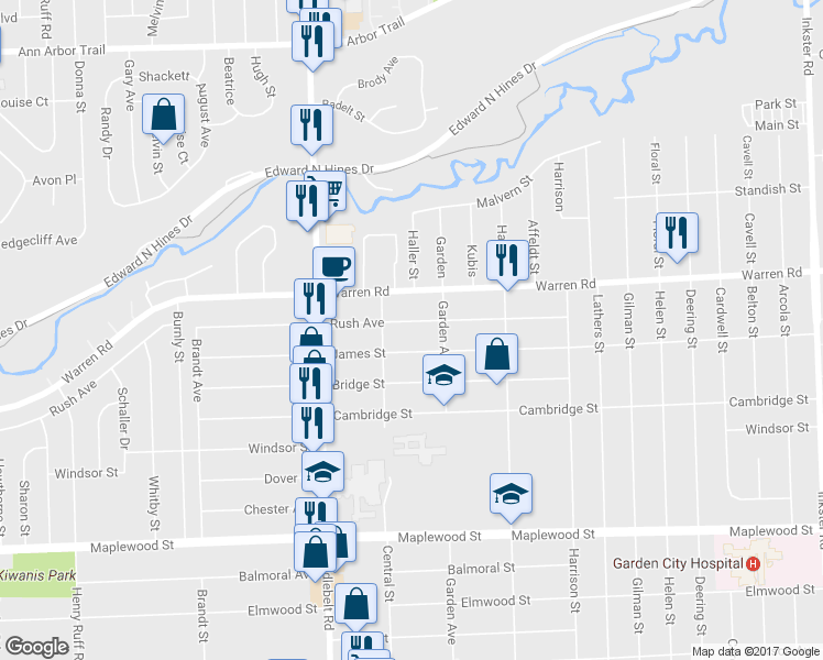 map of restaurants, bars, coffee shops, grocery stores, and more near 29005 Rush Avenue in Garden City