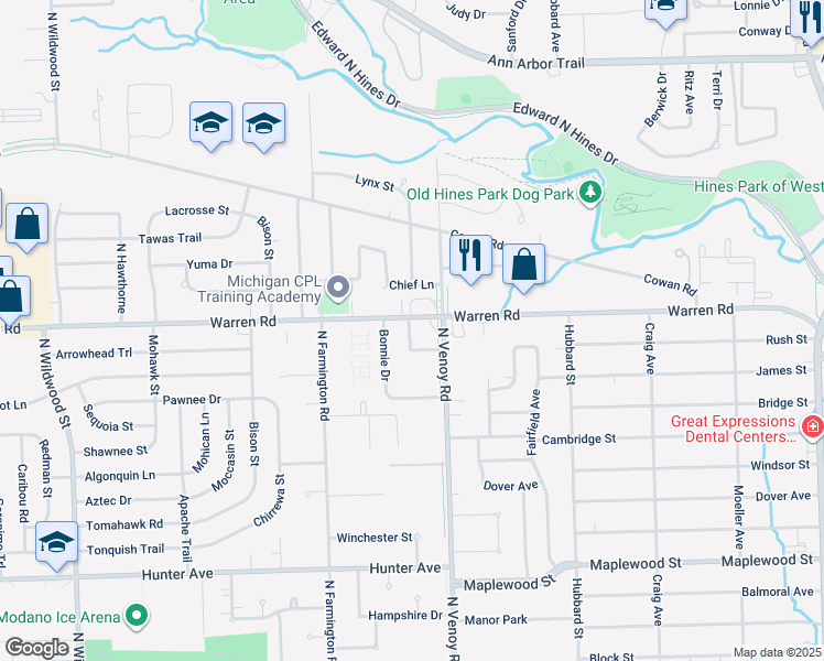 map of restaurants, bars, coffee shops, grocery stores, and more near 32965 East Bonnie Drive in Westland