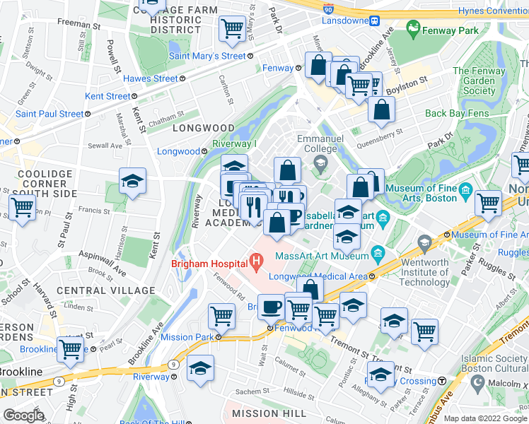 map of restaurants, bars, coffee shops, grocery stores, and more near 364 Brookline Avenue in Boston