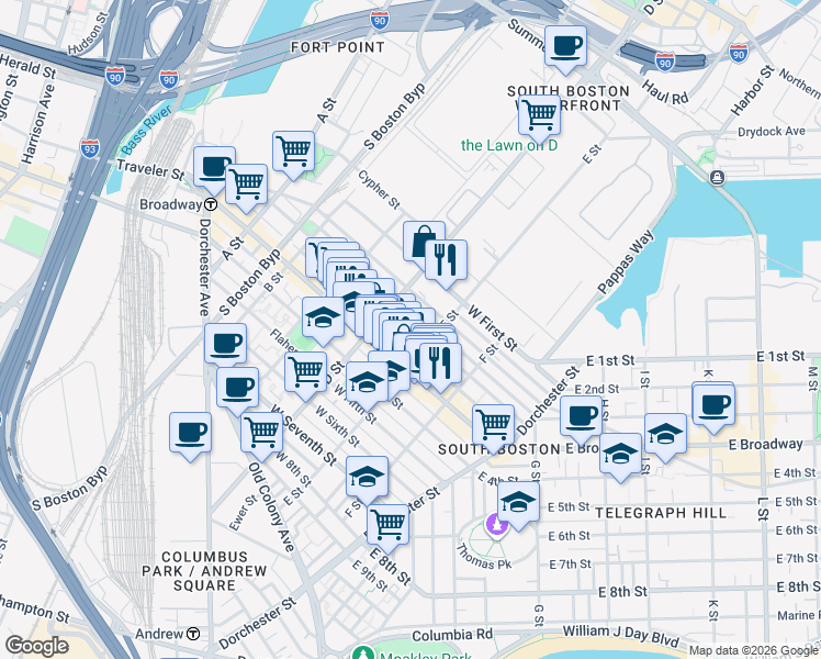 map of restaurants, bars, coffee shops, grocery stores, and more near 227 West 3rd Street in Boston