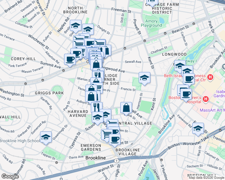 map of restaurants, bars, coffee shops, grocery stores, and more near 65 Saint Paul Street in Brookline