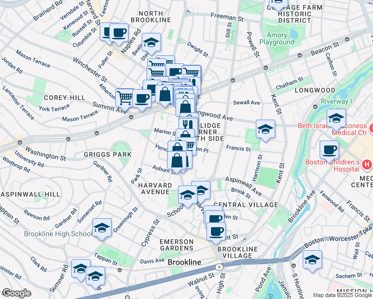 map of restaurants, bars, coffee shops, grocery stores, and more near 181 Harvard Street in Brookline