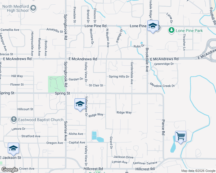 map of restaurants, bars, coffee shops, grocery stores, and more near 1104 North Modoc Avenue in Medford