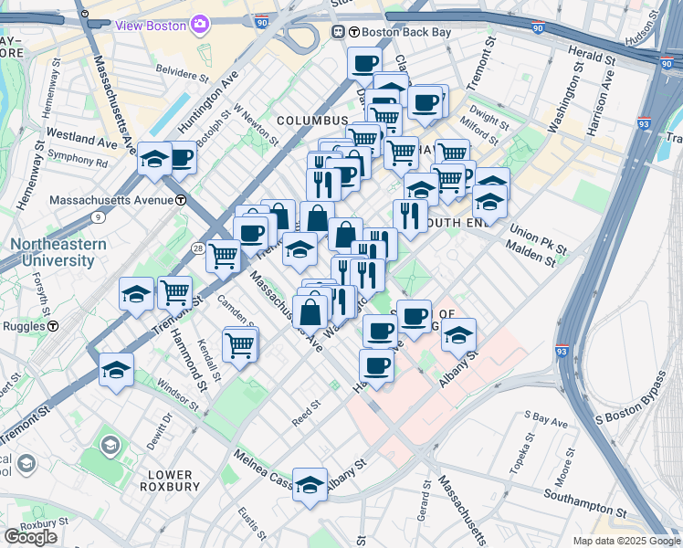 map of restaurants, bars, coffee shops, grocery stores, and more near 97 West Concord Street in Boston