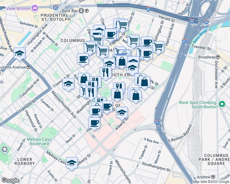 map of restaurants, bars, coffee shops, grocery stores, and more near 24 East Brookline Street in Boston