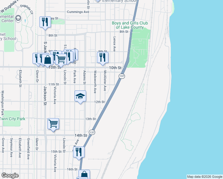 map of restaurants, bars, coffee shops, grocery stores, and more near 1118 Sheridan Road in North Chicago