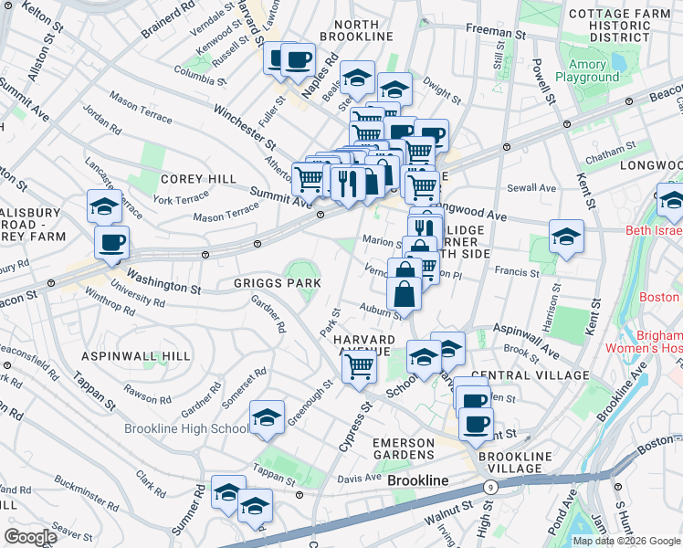 map of restaurants, bars, coffee shops, grocery stores, and more near 54 Vernon Street in Brookline
