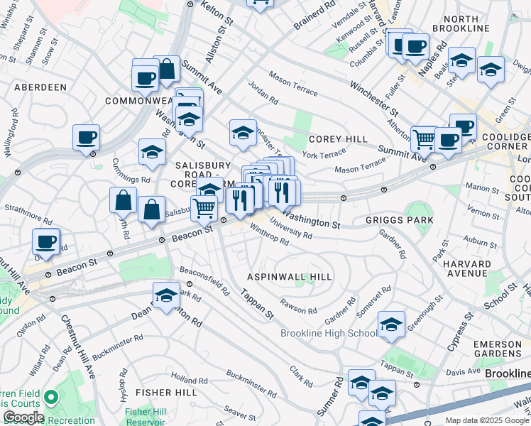 map of restaurants, bars, coffee shops, grocery stores, and more near 3 University Road in Brookline