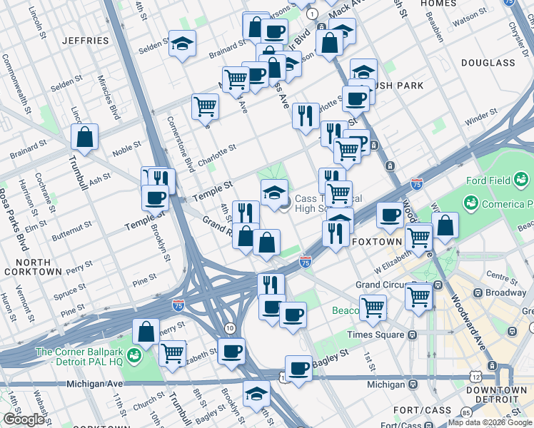 map of restaurants, bars, coffee shops, grocery stores, and more near 643 Ledyard Street in Detroit