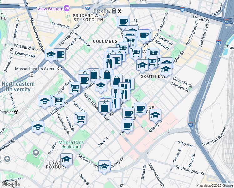 map of restaurants, bars, coffee shops, grocery stores, and more near Shawmut Avenue in Boston