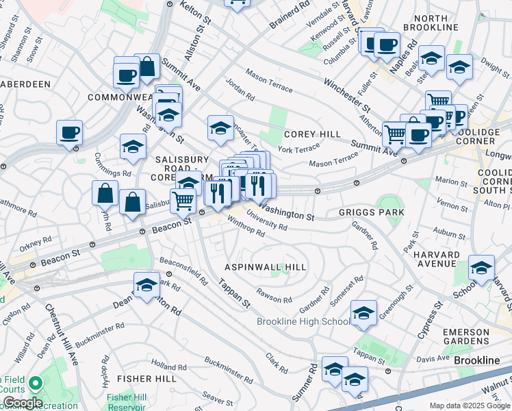 map of restaurants, bars, coffee shops, grocery stores, and more near in Brookline