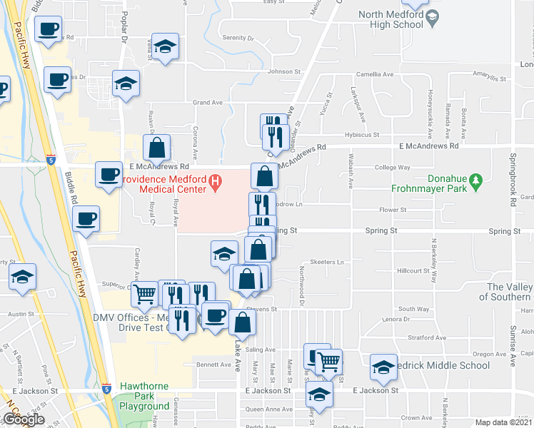 map of restaurants, bars, coffee shops, grocery stores, and more near 1040 Crater Lake Avenue in Medford