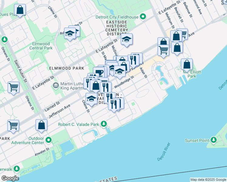 map of restaurants, bars, coffee shops, grocery stores, and more near 2987 Franklin Street in Detroit