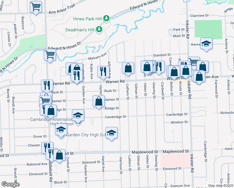 map of restaurants, bars, coffee shops, grocery stores, and more near 7051 Harrison Street in Garden City