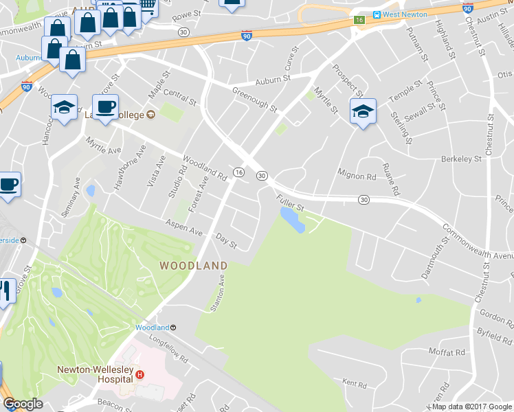map of restaurants, bars, coffee shops, grocery stores, and more near 41 Day Street in Newton
