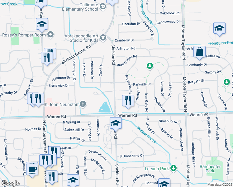 map of restaurants, bars, coffee shops, grocery stores, and more near 44261 Village Court in Canton