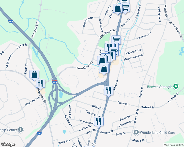 map of restaurants, bars, coffee shops, grocery stores, and more near 8 Hawthorne Drive in West Boylston