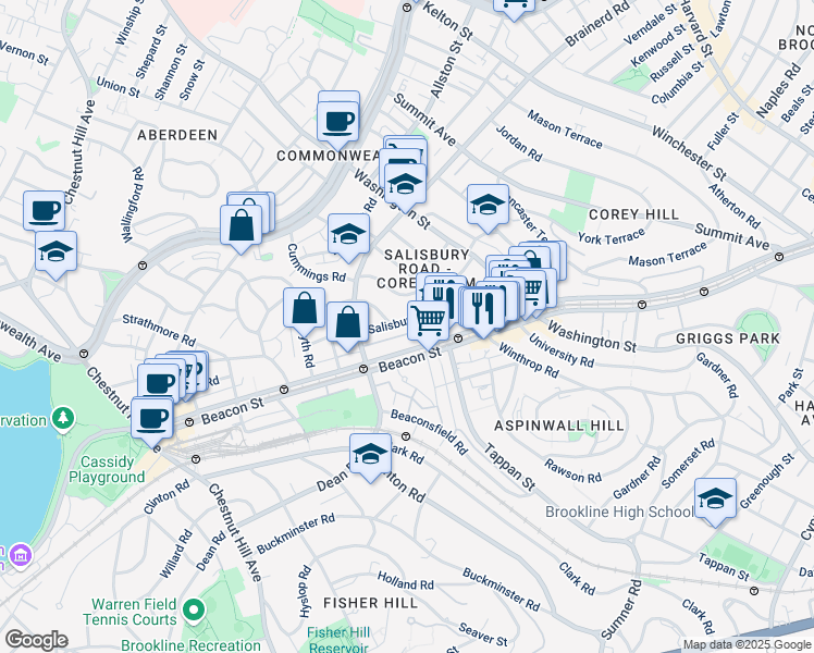 map of restaurants, bars, coffee shops, grocery stores, and more near 84 Salisbury Road in Brookline