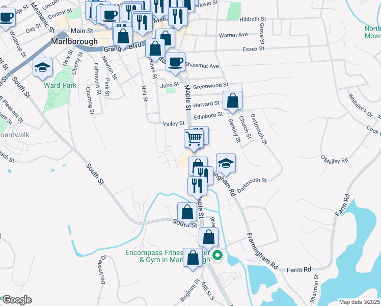 map of restaurants, bars, coffee shops, grocery stores, and more near 241 Maple Street in Marlborough
