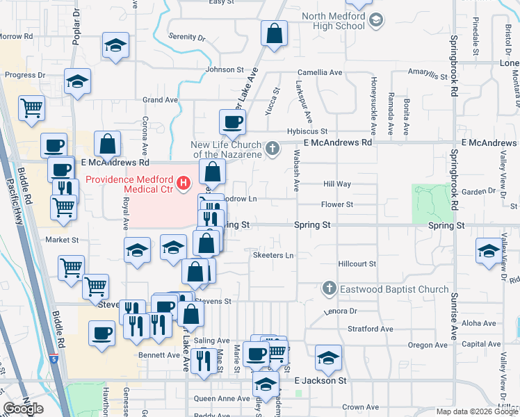map of restaurants, bars, coffee shops, grocery stores, and more near 1164 Woodrow Lane in Medford
