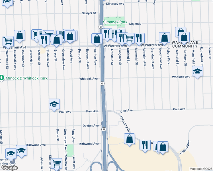 map of restaurants, bars, coffee shops, grocery stores, and more near 6500 Southfield Freeway in Detroit