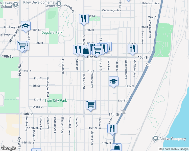 map of restaurants, bars, coffee shops, grocery stores, and more near 1113 Victoria Avenue in North Chicago