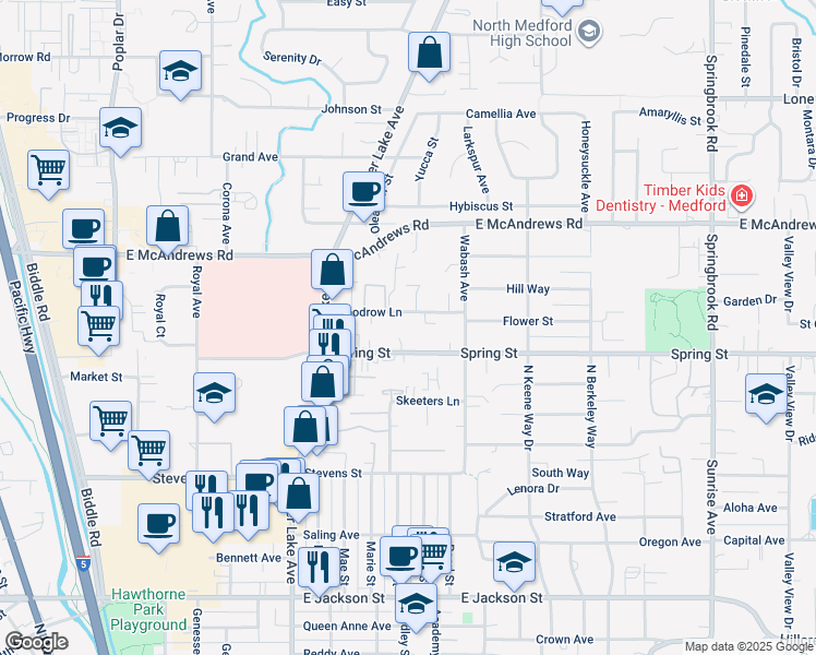 map of restaurants, bars, coffee shops, grocery stores, and more near 1164 Woodrow Lane in Medford