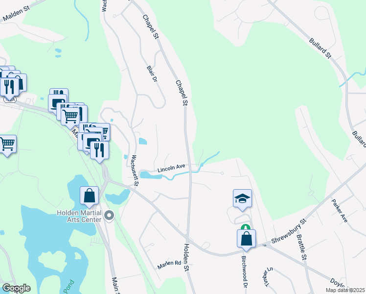 map of restaurants, bars, coffee shops, grocery stores, and more near 145 Chapel Street in Holden