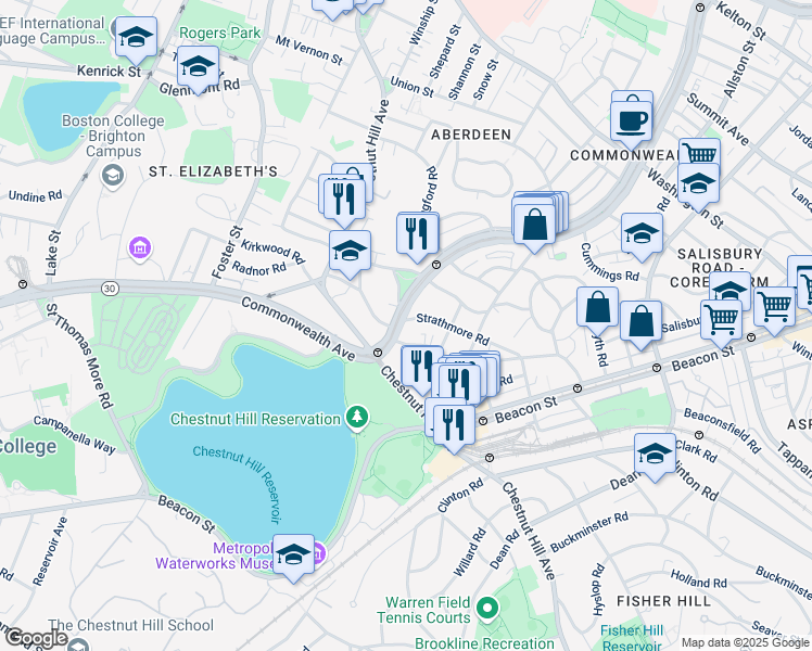 map of restaurants, bars, coffee shops, grocery stores, and more near 1848 Commonwealth Avenue in Boston